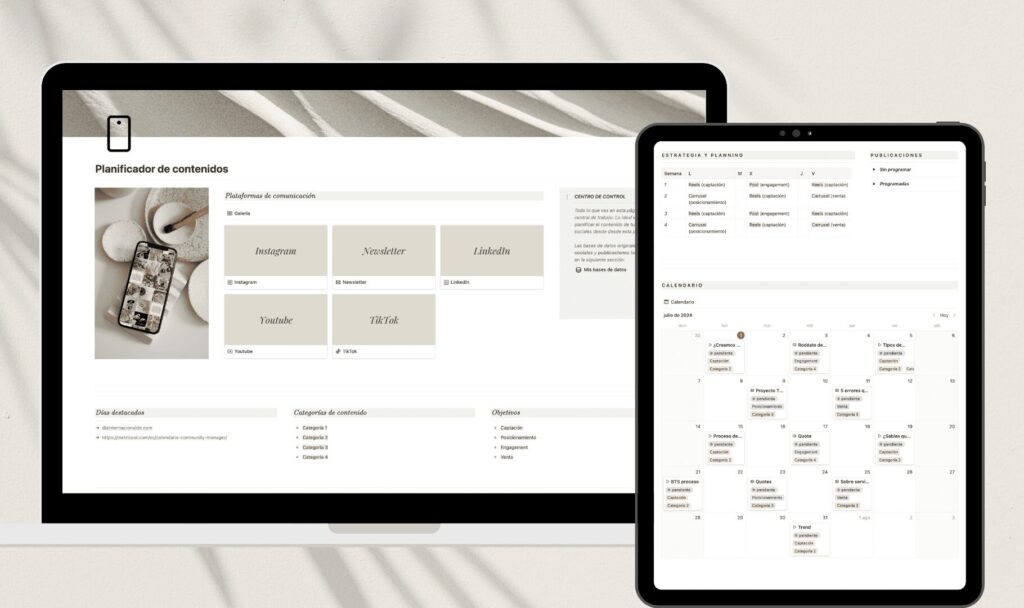 Plantilla Notion de planificador de contenidos donde se pueden gestionar el contenido para distintas redes sociales como instagram, newsletter, linkedin, tiktok o youtube