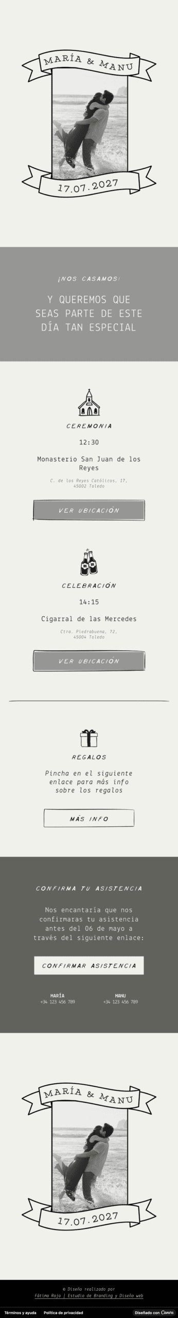Captura de pantalla de la home de una invitación digital de bodas desenfadada
