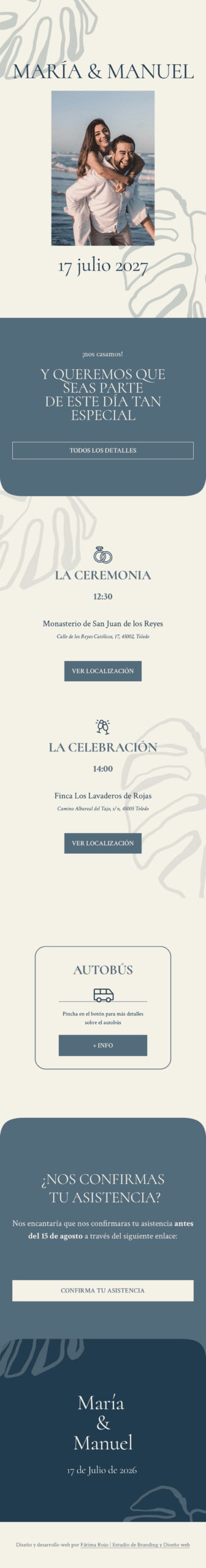Captura de pantalla de la home de una invitación digital de bodas elegante y cero cursi
